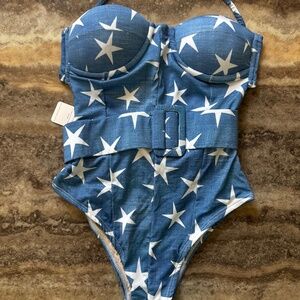 NWT- Women Small Blue & White Star Brazilian One Piece Swimsuit W/ Belt- Empress